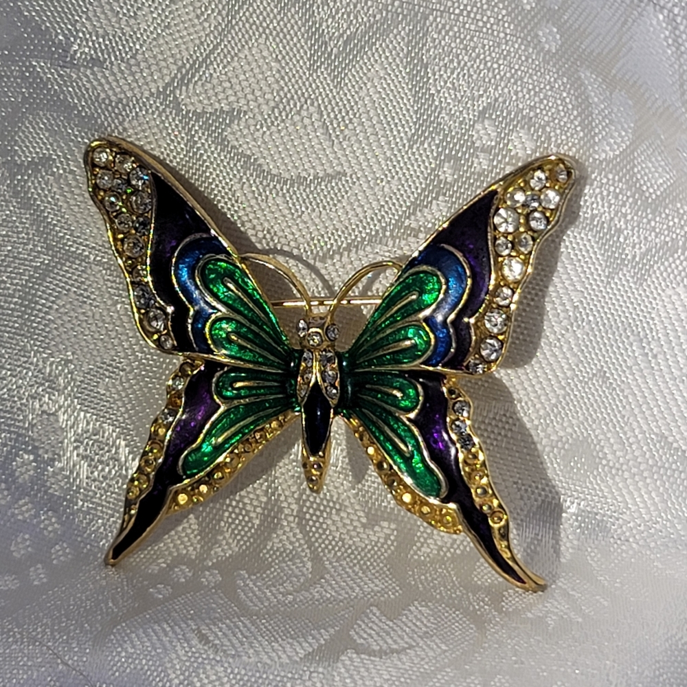 Beautiful Enamel & Crystal Butterfly Pin Brooch
